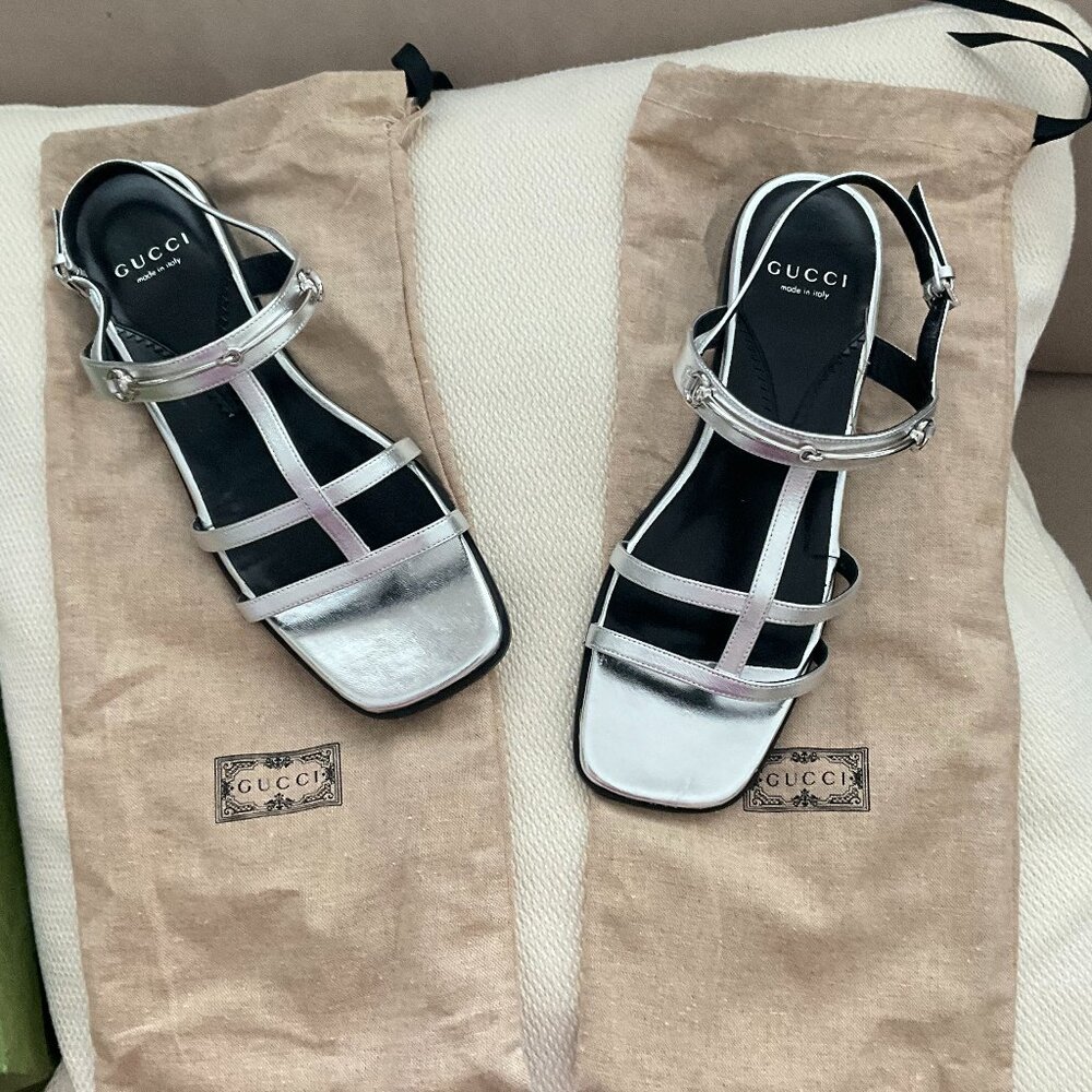 Gucci Horsebit Accent Leather Slingback Sandals